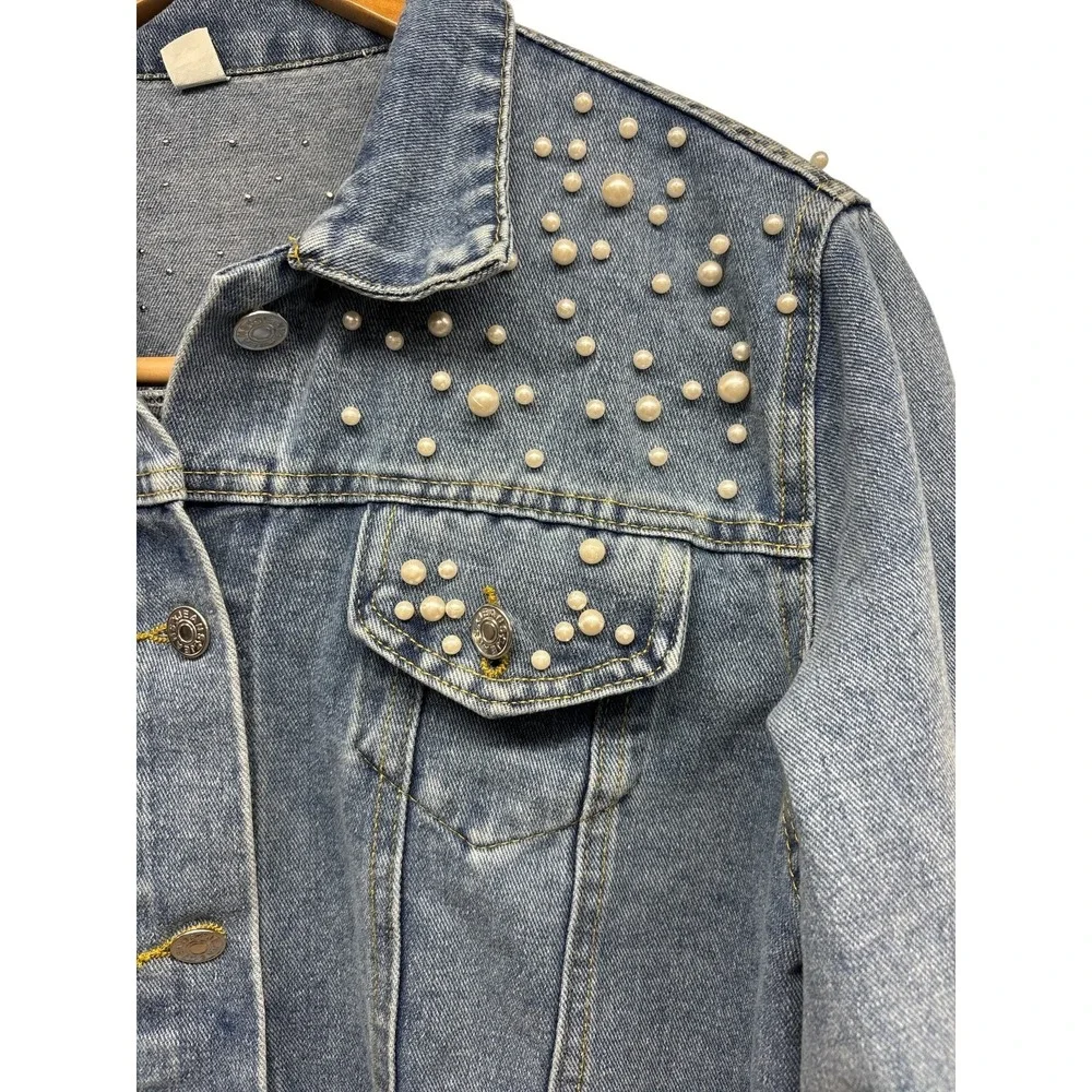Bride Women's Denim Blue Jean Jacket With Pearls Wedding Bachelorette Sz XLarge - Picture 2 of 9